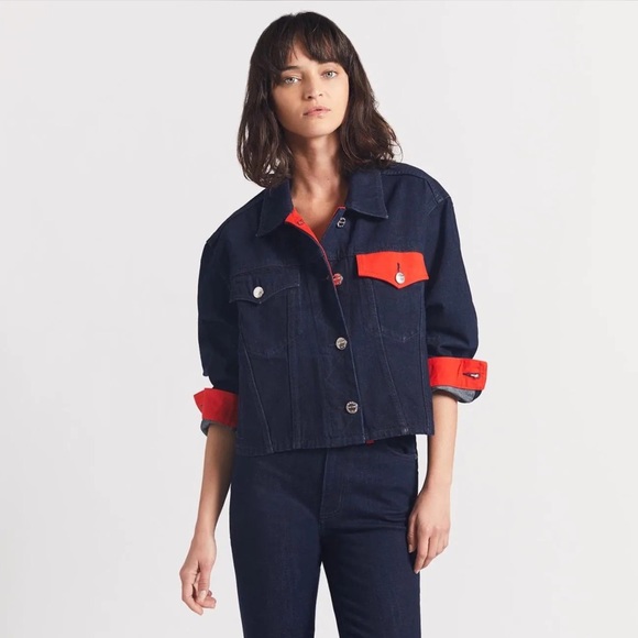 current/elliottcollin boxy cropped denim jacket in dark wash size m